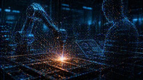 Abstract futuristic scene of a robotic welding arm emitting bright sparks