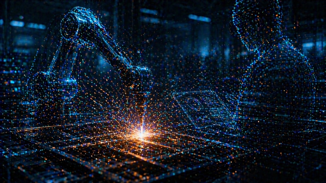 Abstract futuristic scene of a robotic welding arm emitting bright sparks