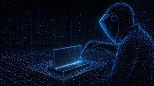 Abstract welding simulator scene with a holographic human figure