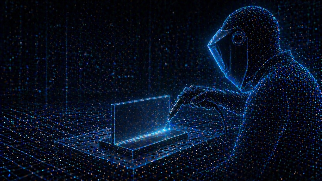 Abstract welding simulator scene with a holographic human figure