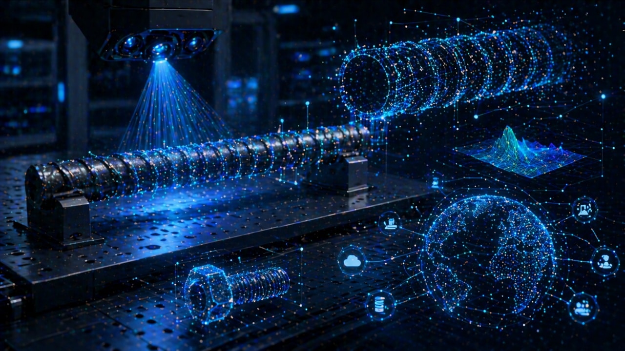 Futuristic 3D measurement system scanning a ribbed steel bar with blue light