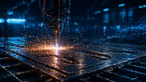 Conceptual visualization of advanced metal cutting, showing a high-energy cutting process on a metal surface with sparks and a futuristic industrial environment.
