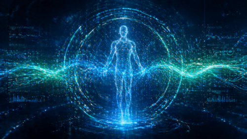 Futuristic visualization of a human body represented as particles and energy fields, illustrating abstract diagnostic and frequency-based analysis.